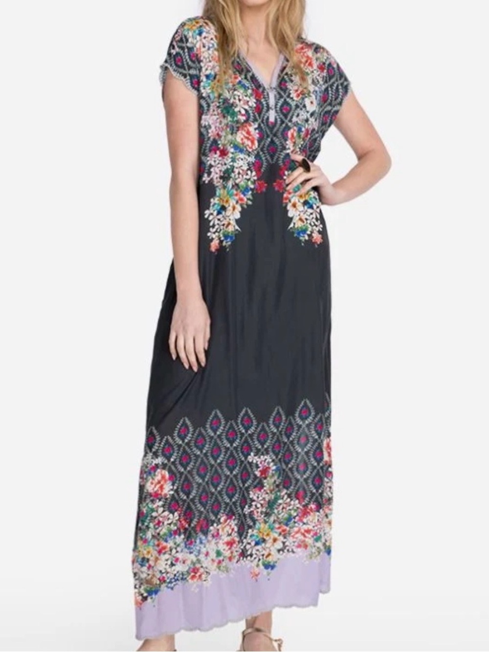 Johnny Was Black Maxi Dress with Multicolor Floral Embroidery and Lavender Hem